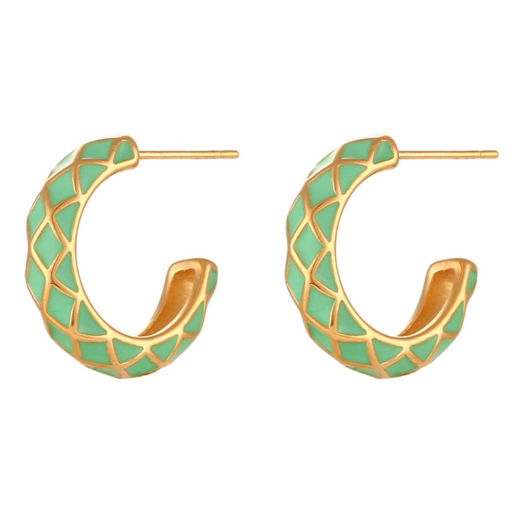 Mint Green Geometric Pattern Hoop‎ Earrings 18K Gold Plated Stainless